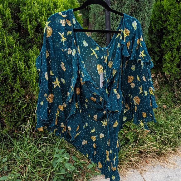 Free People Seashell Teal Combo open back mini dress NWT sz Lg - Picture 3 of 9